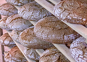 Die kräftig ausgebackenen Brote liegen zum Abkühlen in einem Regal.