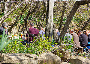 Ein Blick durch ein paar Sträucher und Bäume auf die Festgäste beim Festmittagessen in der Sonne.