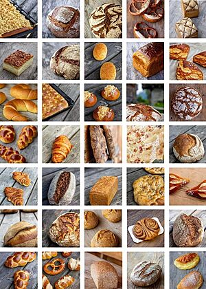 Die Collage zeigt Fotos der Backwaren aus dem Backbuch „Noch mehr Almrezepte“. Darunter befinden sich Fotos von lockeren Zöpfen, saftigem Laugengebäck, knusprigem Brot, herzhaftem Flammkuchen und süßem Kuchen.