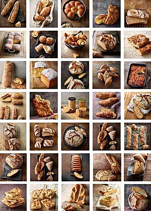 Die Fotocollage enthält die Fotos aus dem Backbuch „Brot backen in Perfektion mit Hefe“. Darunter sind unter anderem  Fotos von verschieden geformten Broten mit krosser Kruste, Kuchen, Pizza, Brot im Glas, Laugenbrötchen und Knäcke.
