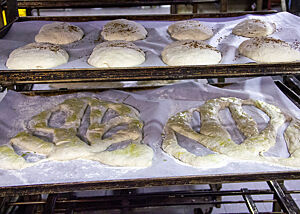 Zwei Fougasse-Teiglinge liegen auf einem Backblech.