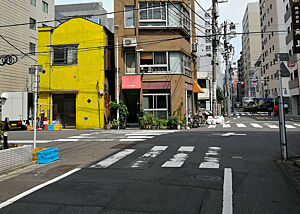 Auf Wiedersehen Japan! Wahrscheinlich bis nächstes Jahr. Eine leere Straße, gesäumt von unterschiedlichsten Häusern in Tokio.