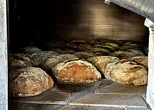 Die kräftig ausgebackenen Brotlaibe können aus dem Ofen geholt werden. 