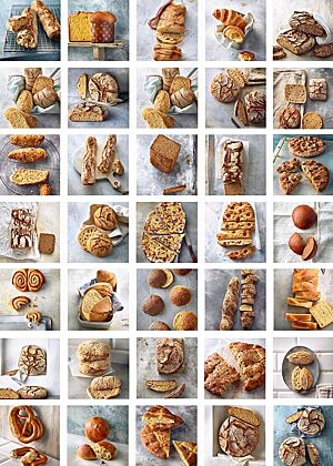 Die Fotocollage zeigt eine Vielzahl der Bilder der Rezepte aus dem Backbuch „Brot backen in Perfektion mit Sauerteig“. Darunter sind Fotos von verschiedenen Broten, Brezeln, Croissants, Brötchen und Kuchen zu sehen.