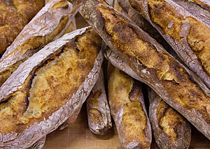 Baguettes und Bâtards in der richtigen Farbe. Die rustikal aufgerissenen Bâtards und Baguettes sind goldbraun ausgebacken.