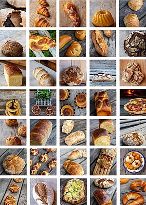 Die Collage zeigt Fotos der Backwaren aus dem Backbuch „Lutz Geißlers Almbackbuch“. Darunter befinden sich Fotos von lockeren Zöpfen, saftigem Laugengebäck, knusprigem Brot, fruchtigem Strudel und herzhafter Dinnete.
