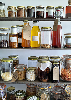 Ein Regal voller Fermentationsexperimente im Fermentation Lab der Kochschule. Bunt gefüllte Gläser und Flaschen mit fermentierten Früchten, Gemüsen und Flüssigkeiten.