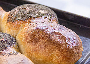 Die frisch gebackenen Brötchen, zum Teil mit Mohn bestreut, haben eine glänzende Kruste.