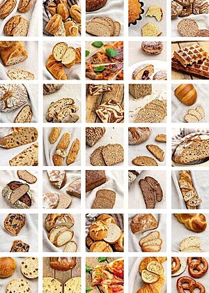 Die Collage zeigt eine große Variation an Gebäckfotos aus dem „Brotbackbuch Nr. 4“, darunter Brezeln, Waffeln, Burgerbuns, Croissants, Brötchen und Brote.