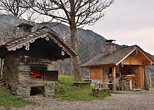 Zwei Holzbacköfen mit lodernden Flammen stehen vor einem waldbewachsenen Bergmassiv.