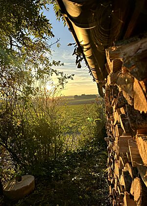 Die untergehende Sonne lässt das Backhaus und die umliegenden Felder in goldenem Glanz erstrahlen. 