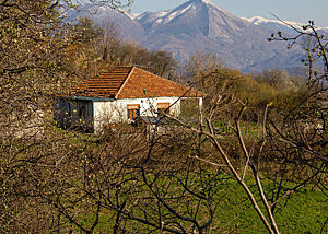 Ein Häuschen steht inmitten von Sträuchern und Bäumen nahe eines Bergmassivs in Albanien.