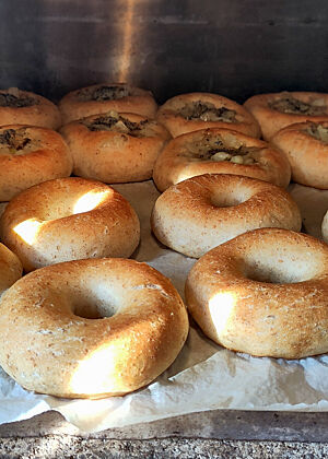 Die fertig gebackenen Bialys und Bagels im Rofco-Ofen. Bagels und Bialys liegen auf Backpapier im Ofen.