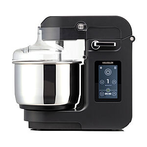 Knetmaschine Häussler Nova mit Edelstahlschüssel, Spritzschutz und Bedienelement.