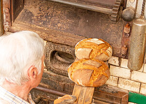 Der Altbackmeister holt zwei kräftig ausgebackene Mühlenlaibe mit einem Holzschieber aus dem Ofen.
