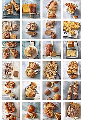 Die Fotocollage zeigt eine Vielzahl der Bilder der Rezepte aus dem Backbuch „Brot backen in Perfektion mit Sauerteig“. Darunter sind Fotos von verschiedenen Broten, Brezeln, Croissants, Brötchen und Kuchen zu sehen.