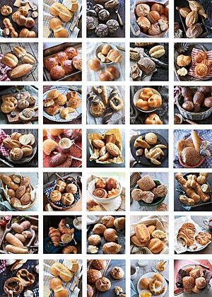 Die Collage zeigt Fotos von sehr vielfältigem Kleingebäck der Rezepte aus dem Backbuch „Brötchen backen – einfach perfekt“.