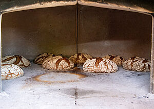 Durch die offene Ofentüre sieht man mehrere knusprig gebackene Laibe mit rustikaler Kruste auf dem grauen Steinboden liegen.