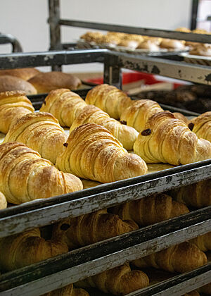 Auch Croissants werden bei Giovanni im Holzofen gebacken. Auf Blechen liegen goldbraun gebackene Croissants, welche von Giovanni genau wie die Brote im Holzofen gebacken werden.