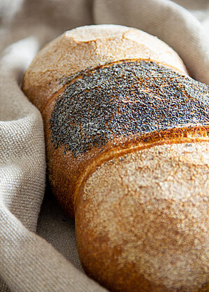 Weizen-Dinkel-Brot. Das aus drei Teiglinge zusammengefügte Weizen-Dinkel-Brot ist mit Grieß bzw. Mohn bestreut.