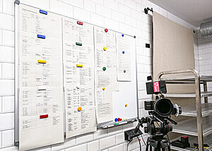 An einer Pinnwand hängen detaillierte Anweisungen zu den anstehenden Dreharbeiten. Vor der Pinnwand eine Kamera auf einem Stativ.