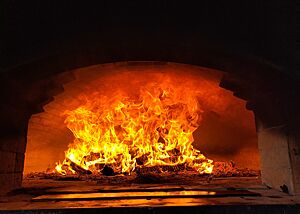 Viele Flammen und viel Glut Im Ofen ist während des Anheizens noch einiges an Brennholz, das für lodernde Flammen und heiße Glut sorgt.