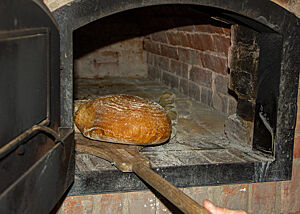 Pane Maggiore aus dem Holzbackofen. Ein kräftig ausgebackenes Pane Maggiore wird mit dem Holzschieber aus dem Holzbackofen geholt.