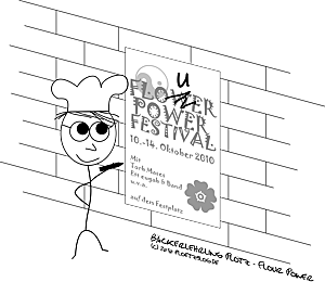 Ein Strichmännchen mit Brille und Kochmütze schreibt ein Plakat mit der Aufschrift „Flower Power" um in „Flour Power“.