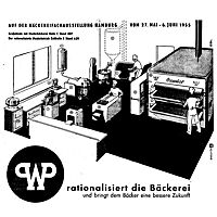 In der schwarz-weiß Werbeanzeige von Werner & Pfleiderer ist eine schematische Darstellung einer rationalisierten Bäckerei zu sehen.