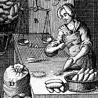 Ausschnitt aus einem Bild, das eine Backstube im 18. Jahrhundert zeigt. Eine Frau steht hinter einem Tisch und schabt etwas von kleinen Broten oder Brötchen ab. Im Vordergrund liegen mehrere dieser Gebäcke. Vor dem Tisch steht in verschlossener Sack.