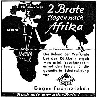 Die Werbeanzeige zeigt eine Landkarte mit einem Teil von Europa und Afrika. Darauf eingezeichnet ist eine Flugroute von Brüssel – Hannover nach Belgisch Kongo und zurück. Groß prangt der Slogan "2 Brote flogen nach Afrika" auf der Anzeige und weiter unten, dass notariell beurkundet wurde, dass der Befund nach der Rückkehr der Weißbrote ergab, dass es eine garantierte Schutzwirkung von Arkady mild gegen Fadenziehen gab.