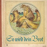 Das Cover des Buches „So wird dein Brot“ zeigt eine Zeichnung eines abgeerntetes Feld mit zu Garben gebundenem Getreide.