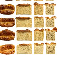 Neun Kastenweißbrote wurden im Rahmen des Experimentes gebacken und sind auf diesem Foto zum optischen Vergleich neben einander aufgereiht.