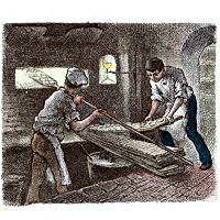Eine Zeichnung aus dem Bilderbogen Nummer 820 aus Band 35 zeigt zwei Bäcker beim Einschießen von Brot in einen Holzbackofen.
