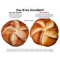 Das Bild zeigt zwei Handsemmeln, mit und ohne Milliose gebacken, im Vergleich. Die Handsemmel ohne Milliose auf der linken Seite hat ein kleineres Volumen und die Kruste ist weniger gleichmäßig gebräunt und aufgerissen. Die Handsemmel mit Milliose hat ein größeres Volumen und eine glatte, glänzende und gleichmäßig gebräunte Kruste.