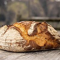 Ein Weizenbrot mit bemehlter, rustikal aufgerissener Kruste liegt auf einem verwitterten Holztisch. 