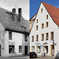 Links eine schwarz-weiß Fotografie aus dem Jahr 1964 von dem Haus in dem sich das Café Andelt in Freiberg befindet. Auf der rechten Seite ein Farbfoto von dem selben Gebäude aus dem Jahr 2024. 