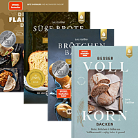 Buchcover von „Besser Vollkorn backen“, „Brötchen backen“, „Süße Brote backen“ und „Die besten Fladenbrote der Welt“.