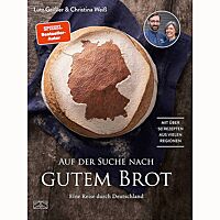 Auf dem Cover des Backbuches „Auf der Suche nach gutem Brot“ ist ein rundes Brot zu sehen, auf dessen Kruste sich, umrandet von Mehl, der Umriss von Deutschland befindet. In der oberen rechten Ecke ist ein Foto der Autoren Lutz Geißler und Christina Weiß zu sehen. 