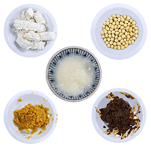 Zutaten für Misopaste Zutaten für Misopaste: Koji-Reis (links oben), Sojabohnen (rechts oben), Amazake (Mitte), junge Misopaste (links unten), ältere Misopaste (rechts unten).