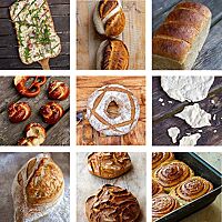 Eine Kollage zeigt Fotos von verschiedenen Gebäcken, deren Rezepte auch für Einsteiger geeignet sind. Darunter Rezepte für Flammkuchen, Laugengebäck, Schnecken so wie klassische Brote und Brötchen.