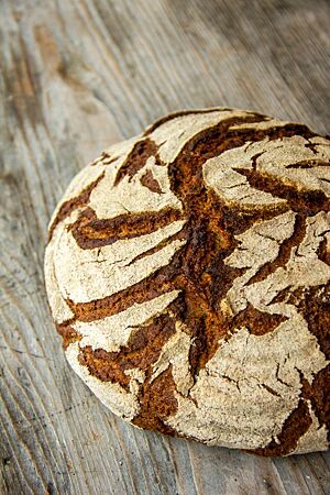 Bauernbrot 80/20. Ein kräftig ausgebackenes, rustikal aufgerissenes Bauernbrot mit bemehlter Kruste liegt auf einem Holztisch.