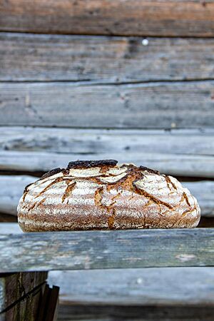 Ein rustikal aufgerissenes, kräftig ausgebackenes Sauerteigbrot liegt vor einer verwitterten Holzfassade.