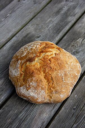 Dinkelbrot mit Haferkochstück. Ein hellbraun ausgebackener, leicht bemehlter Laib mit rustikalem Ausbund liegt auf einem grauen Holztisch.