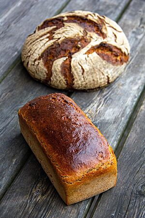 Doppeltgebackenes Bauernbrot. Das Bauernbrot als freigeschobener, rustikal aufgerissener Laib liegt hinter dem glänzenden Kastenlandbrot auf einem Holztisch.