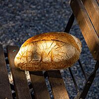 Ein länglich geformter Laib mit bemehlter Kruste und eingeschnittenem „ALM"-Schriftzug liegt auf einem Holzstuhl in der Sonne.