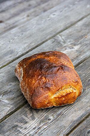 Ein quadratisch abgestochenes und kräftig ausgebackenes Brot mit glatter Kruste liegt auf einem rustikalen Holztisch.