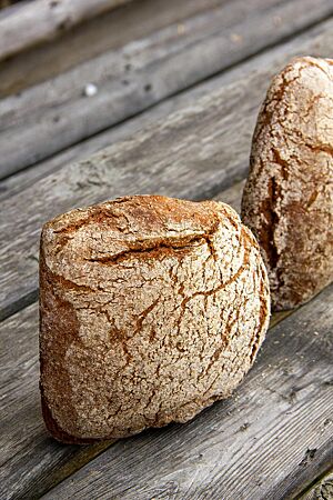 Urvollkornbrot: urig und lecker. Zwei eckige Urvollkornbrote mit bemehlter Kruste auf einer rustikalen Holzbank.