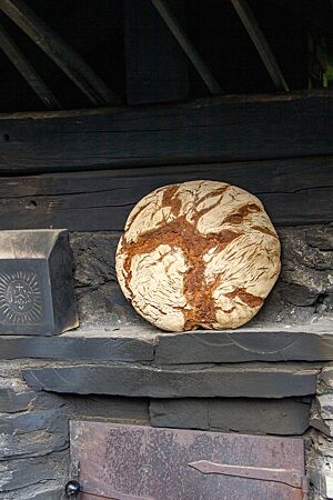 Ein großer Brotlaib mit bemehlter Kruste lehnt an einer dunklen Wand.