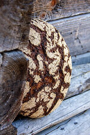 Das kräftig ausgebackene, von Rissen durchzogene Roggenbrot lehnt an einer rustikalen Holzwand.